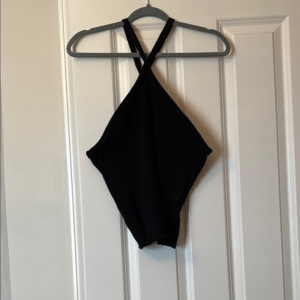 Black Halter Neck Ribbed Top